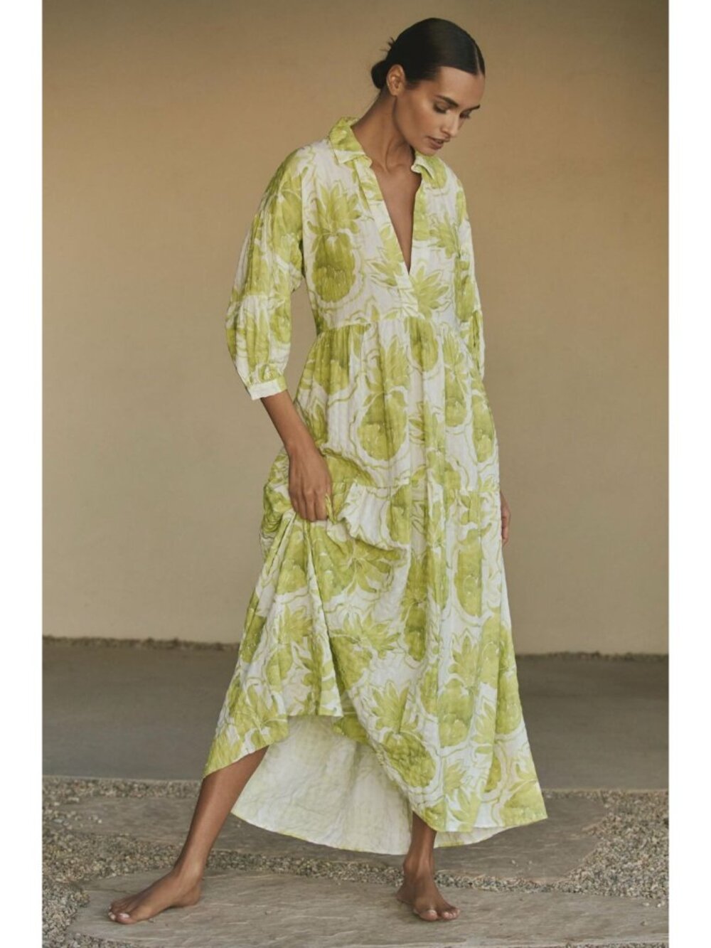 Anthropologie The Carolita Printed Tiered Shirt Dress Size Small Petite Lime